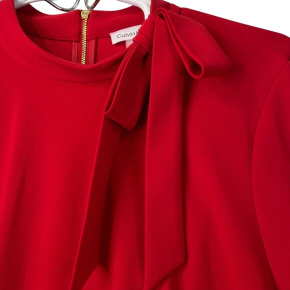 Calvin Klein Red Bow Neck Long Sleeve A Line Dress Size 20W Zip Back Holiday - Picture 3 of 9